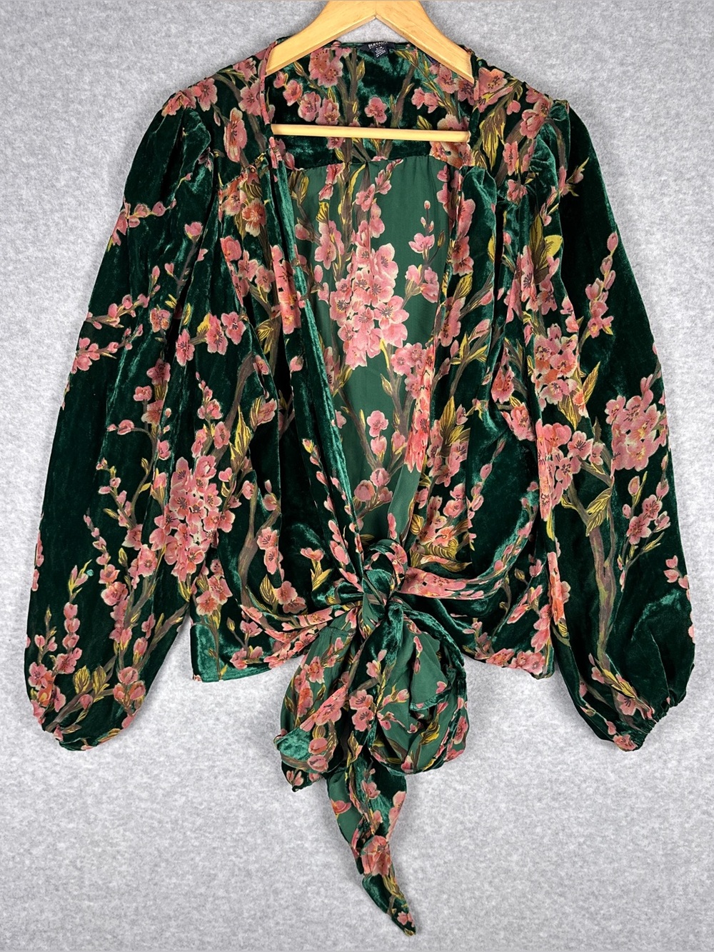 Buffalo David Bitton Floral Velvet Blouse L Green Tie Front Balloon Sleeve